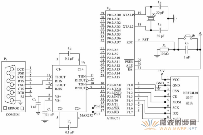 图5 SPI 接口与MAX232 通信硬件电路图。