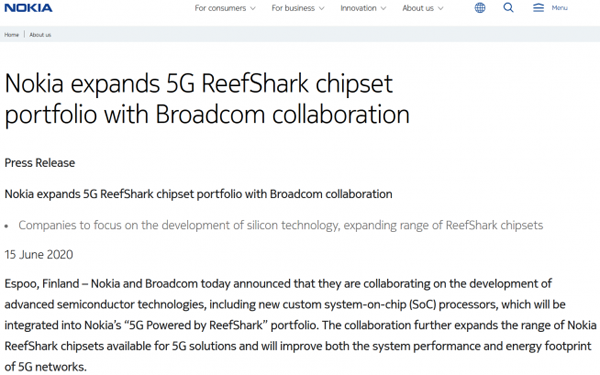 诺基亚宣布与博通合作开发5G芯片 包括定制处理器